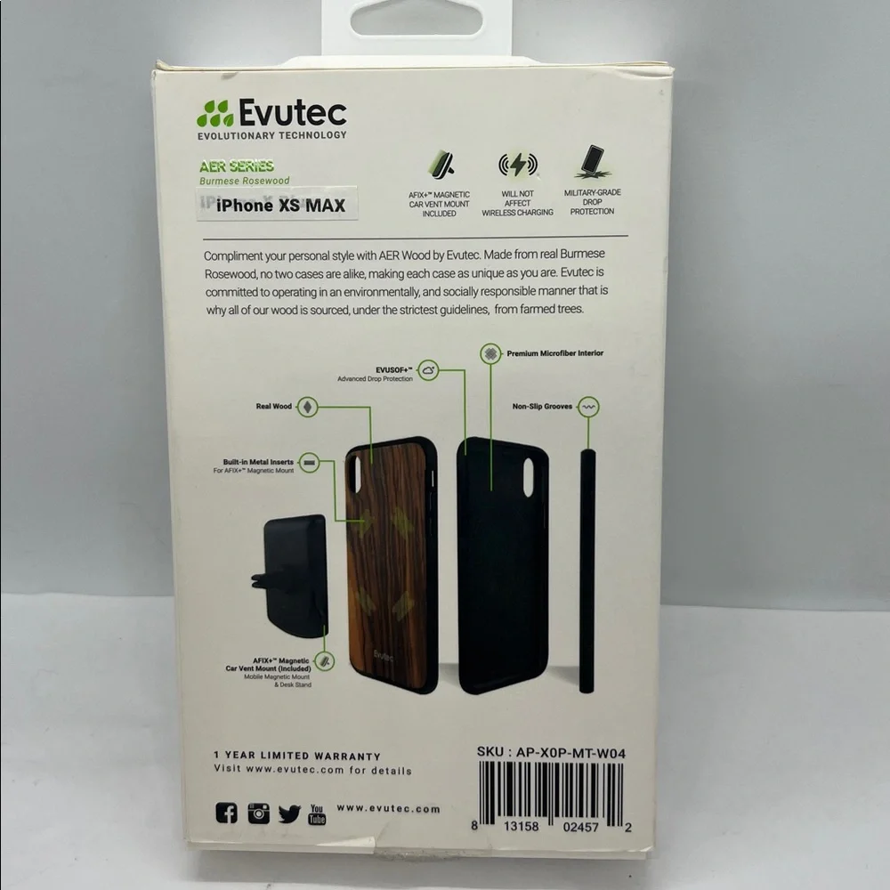 Evutec AER Burmese Rosewood Case & AFIX+ Magnetic Car Vent Mount iPhone XS Max